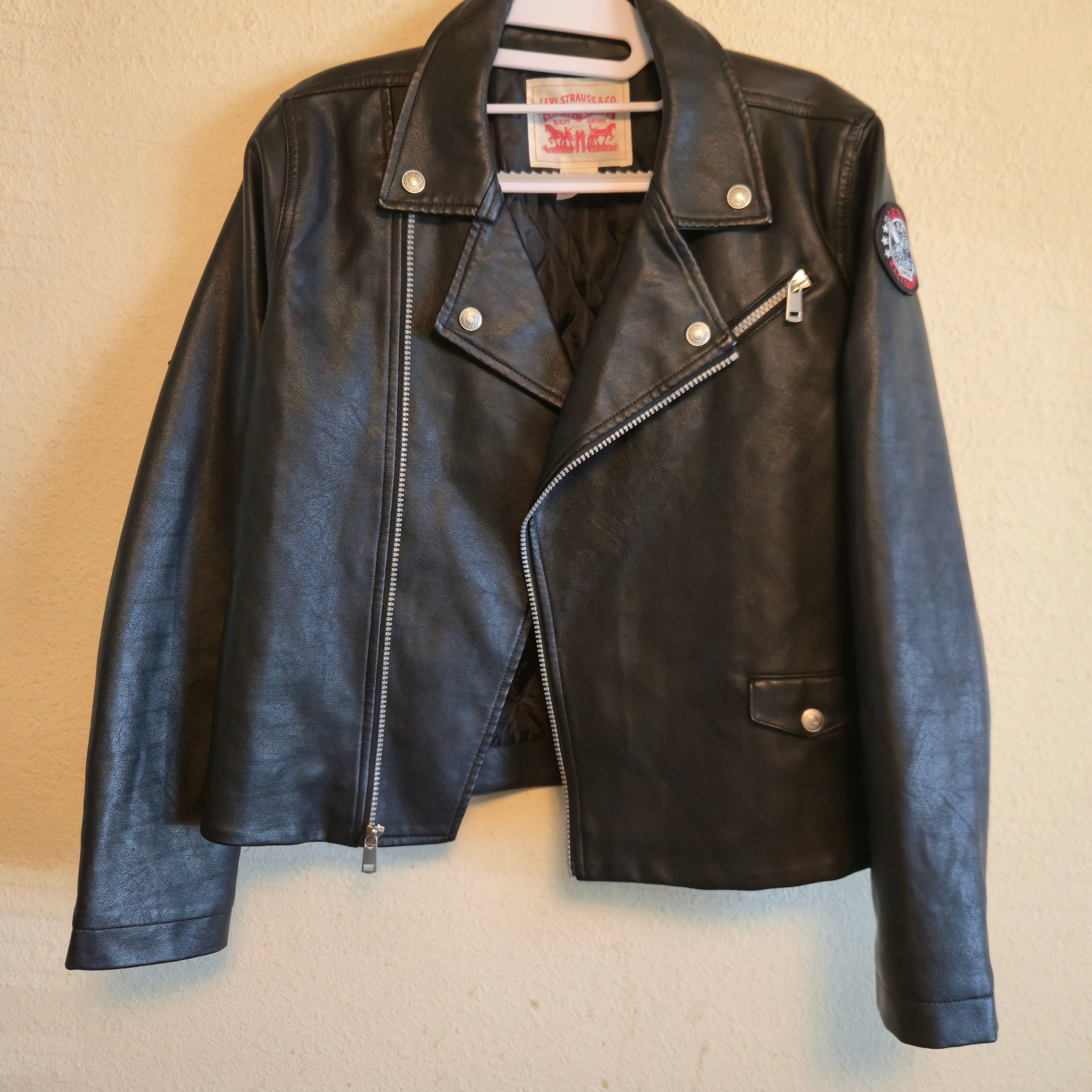 Levi’s Kids Faux Leather Moto Jacket Large 12-13 Black Biker Logo Back